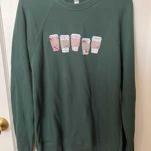 Dark Green Crewneck with Christmas Coffee Cups